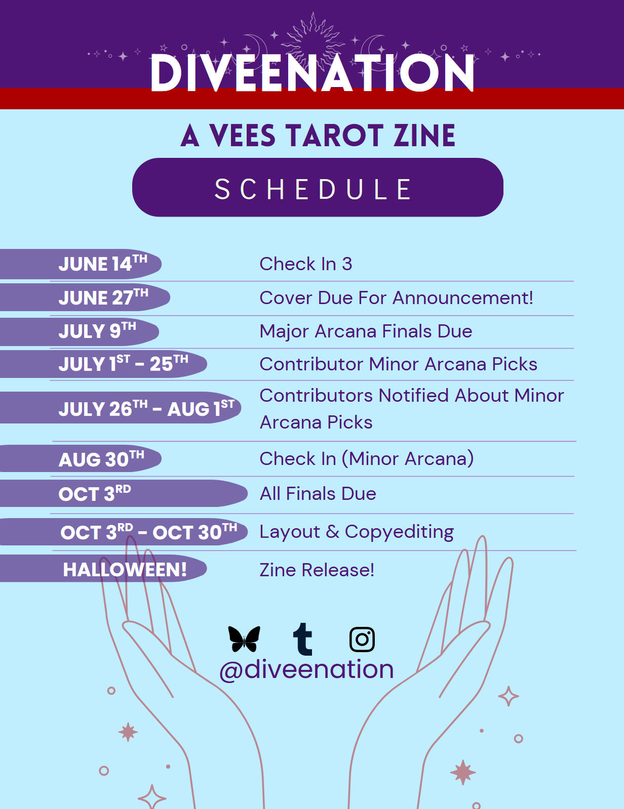 Schedule Page 2 Diveenation A Vees Tarot Zine Schedule June 14 Check in 3 June 27 Cover Due For Announcement! July 9 Major Arcana Finals Due July 1 - 25 Contributor Minor Arcana Picks July 26 - Aug 1 Contributors Notified About Minor Arcana Picks Aug 30 Check In (Minor A